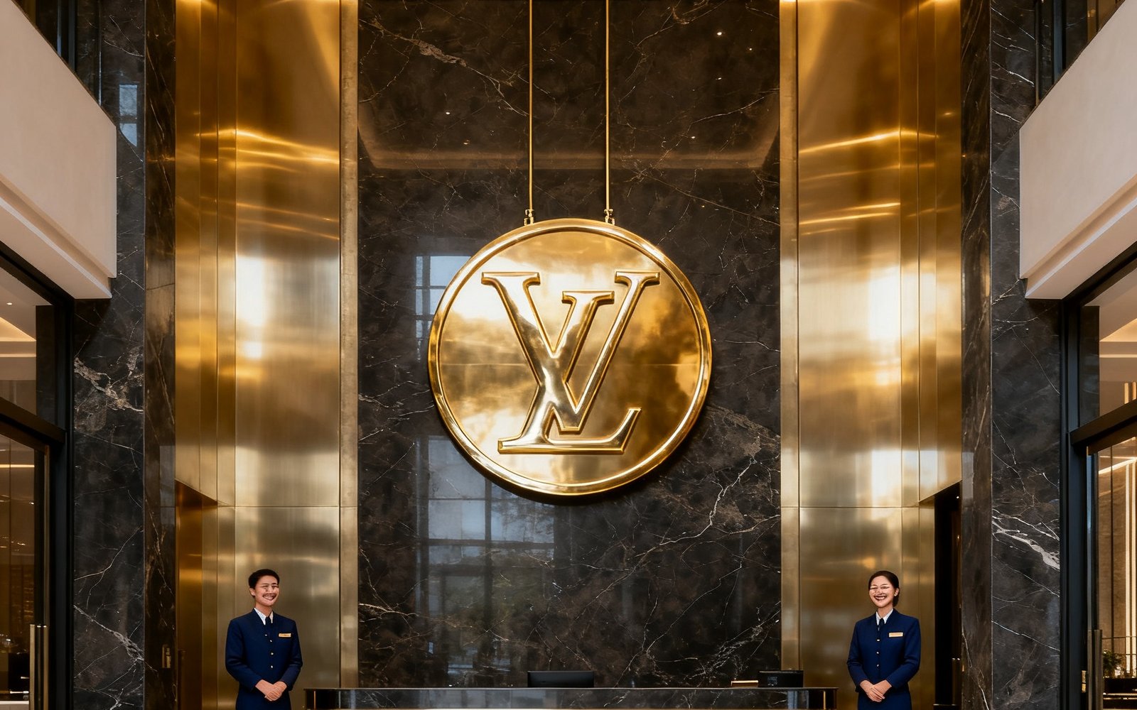 广州白云国际机场T2航站楼美狮贵宾会旗舰贵宾休息室入口全景，挑高八米的门厅以深色大理石与香槟金不锈钢饰面构成，正中央悬挂直径两米的鎏金品牌徽标，两侧各站着一位身着深蓝制服的礼宾人员微笑迎宾