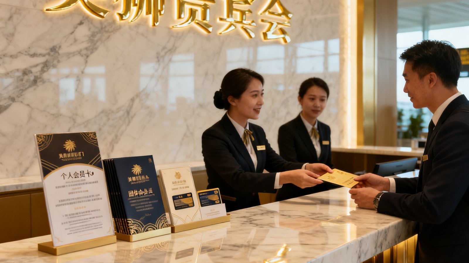 美狮贵宾会T1航站楼会员服务专区前台，大理石台面后方墙上镶嵌着鎏金品牌标识，两位工作人员正在为商务旅客介绍个人会员卡与团体会员卡的权益差异，台面上摆放着精致的会员手册与权益说明卡
