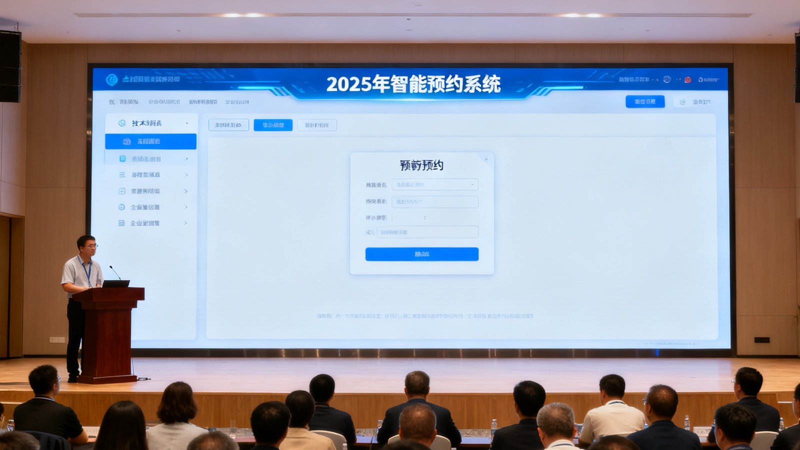 美狮贵宾会2025年智能预约系统上线发布会现场照片，会议厅内大屏幕展示新系统界面，台下坐着数十位嘉宾与企业代表，讲台上一位技术负责人正在演示实时预约流程