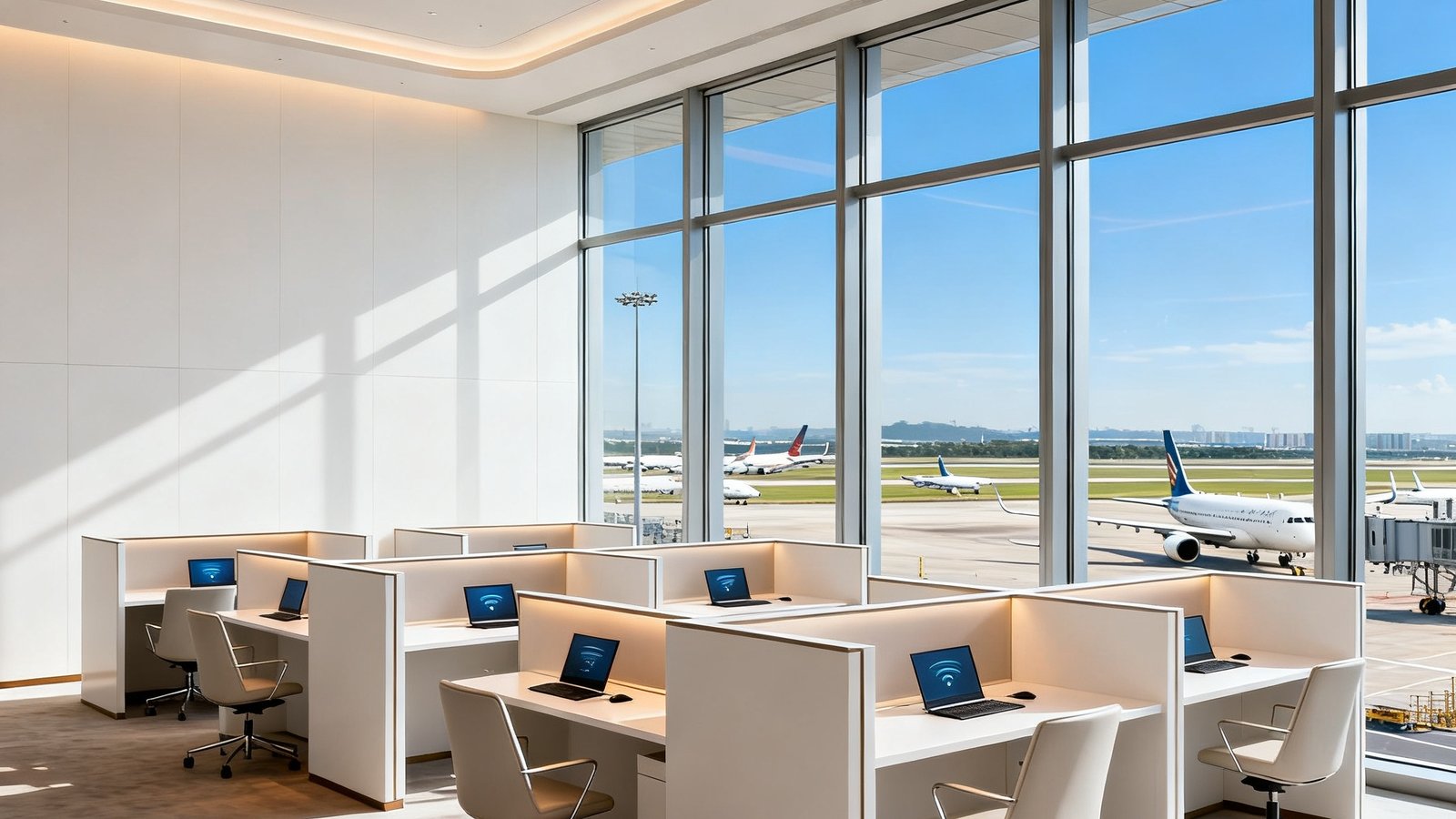 白云机场T2航站楼美狮贵宾会贵宾厅扩建后的新区域，新增设的商务办公区配备八张独立办公桌和高速无线网络，靠窗位置可观赏停机坪全景