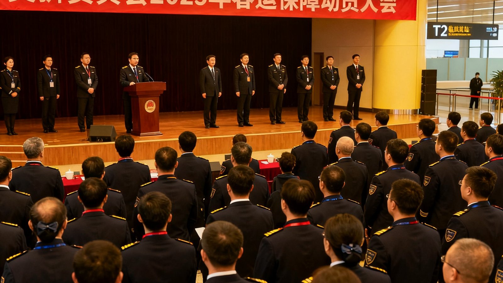 美狮贵宾会2025年春运保障动员大会现场，数百名员工身穿制服在T2航站楼集合，台上管理层正在部署春运期间的服务预案和人员调配方案