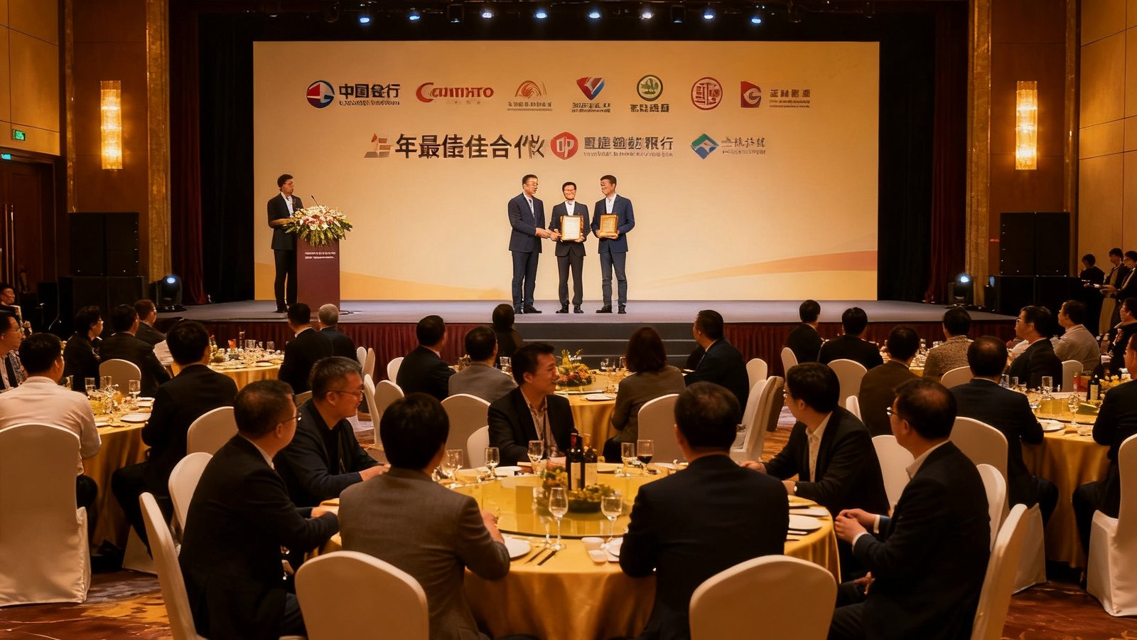 美狮贵宾会2024年度企业团体卡客户答谢活动现场，宴会厅内数十位企业代表围坐圆桌，舞台上正在颁发年度最佳合作伙伴奖项，背景墙展示着合作企业LOGO