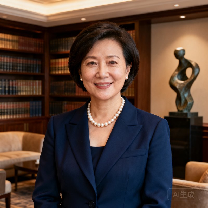 美狮贵宾会礼宾服务总监张雅琳女士的职业肖像照，45岁女性身着深蓝色西装外套搭配珍珠项链，短发干练，背景为贵宾休息室的书架与艺术品，展现出沉稳专业的服务气质