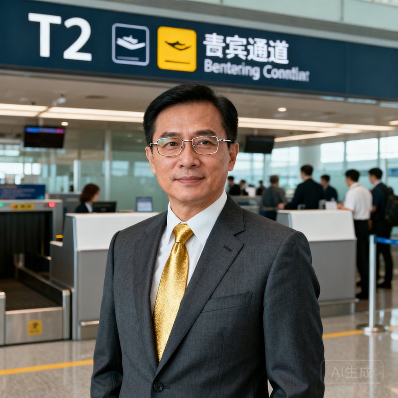 美狮贵宾会运营经理陈志豪先生的职业肖像照，38岁男性穿着合体深灰色西装打金色领带，戴半框眼镜，站在T2航站楼贵宾通道入口处，身后可见专属值机柜台和过往旅客
