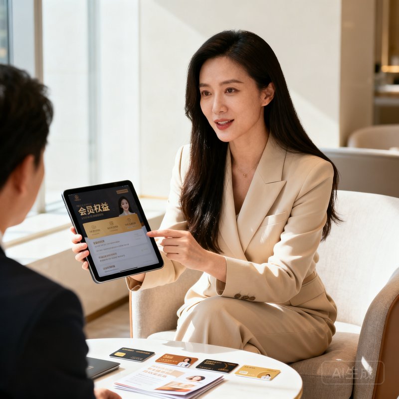 美狮贵宾会会员关系经理王思敏女士的近照，30岁女性长发披肩穿着米色职业套装，正在用平板电脑为客户展示会员权益方案，桌上摆放着会员卡样品与宣传册，环境为明亮的会客室