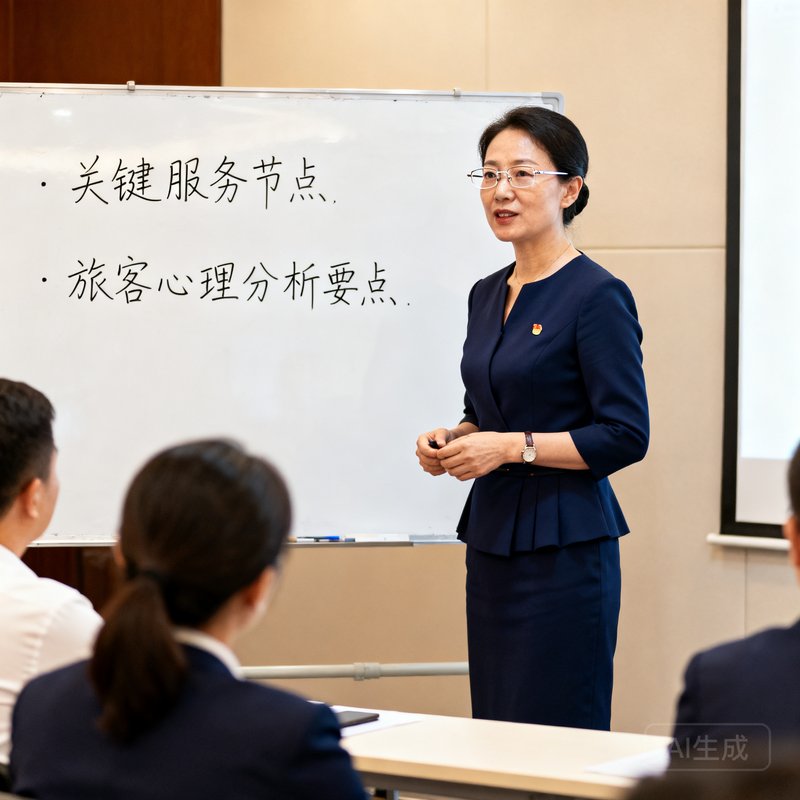 美狮贵宾会服务培训导师徐慧女士授课时的照片，42岁女性戴无框眼镜穿藏青色套裙，站在培训教室白板前讲解服务流程，白板上写有关键服务节点与旅客心理分析要点